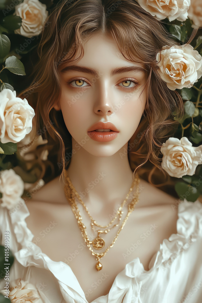 Obraz premium beautiful girl red hair romantic style dress and hair style in the middle of roses and leaves 