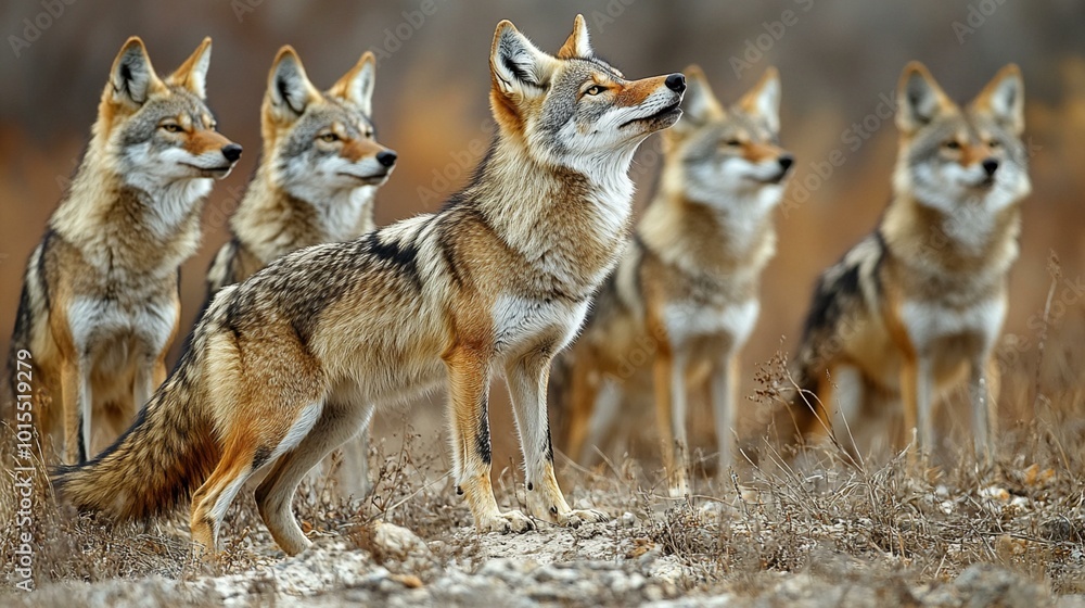 a A coyote using a mix of howls and yips to coordinate with pack members during a hunt. a A coyote using a mix of howls and yips to coordinate with pack members during a hunt.