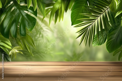 Tropical leaves background with wooden platform