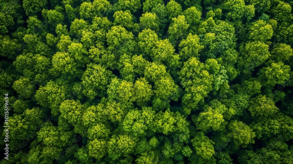 Naklejka premium Aerial view of lush green forest canopy on a sunny day showcasing nature's beauty and purity promoting environmental conservation and oxygen production