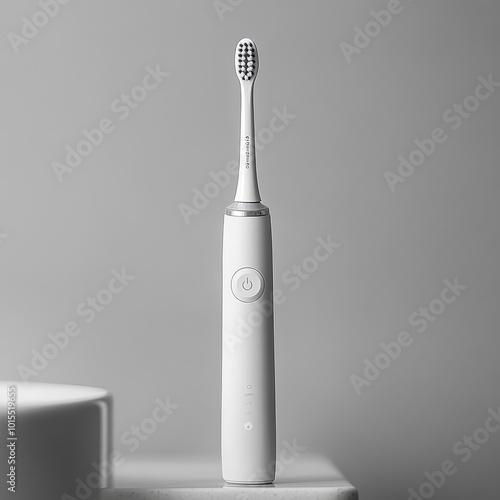 mock up of a minimalism design of an electric toothbrush  on plain grey background  photo