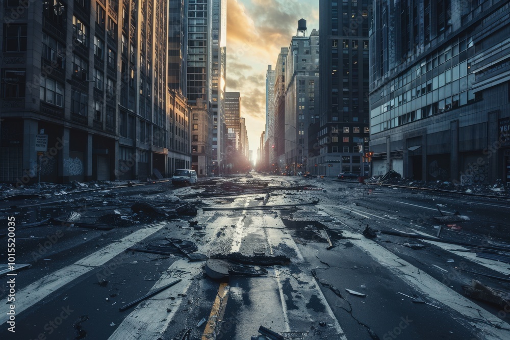 Naklejka premium A city street with a lot of potholes and graffiti, generative ai image