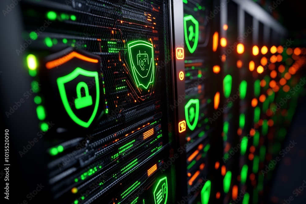 Fototapeta premium 3D model of a secure data center with glowing servers and security icons, showing a highly detailed digital recreation of a secure information facility