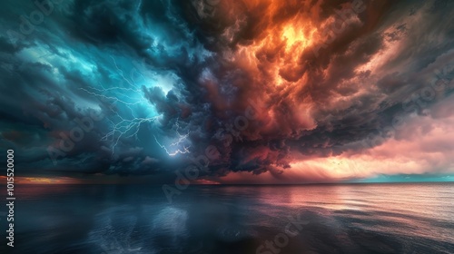 Dramatic storm clouds with lightning bolts over a calm ocean. The sky is split in two with the left side dominated by blue hues and lightning, and the right by a fiery orange glow. photo