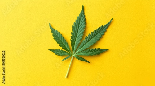 Delicate Green Cannabis Leaf Against Vibrant Yellow Backdrop Nature?s Beauty Botanical Study Organic Growth and Serenity Concept photo