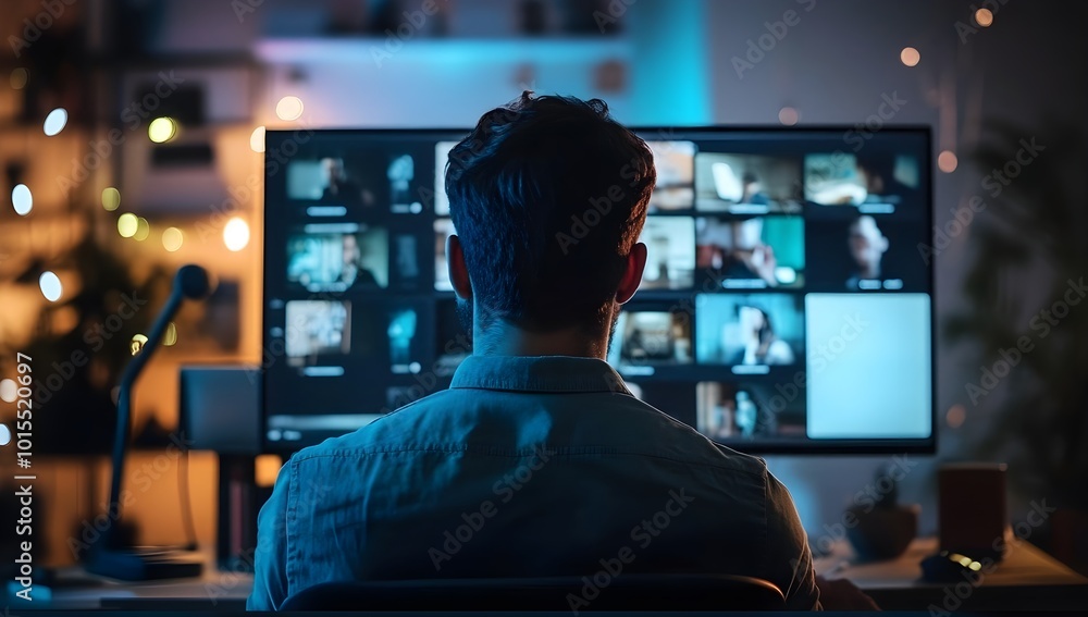 picture taken from back of a person in front of a pc screen with a video conference with slides picture taken from back of a person in front of a pc screen with a video conference with slides