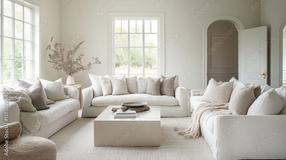 A modern living room features soft, beige sofas adorned with plush pillows. Natural light fills the space, highlighting a minimalist coffee table and decorative accents, creating a serene atmosphere. A modern living room features soft, beige sofas adorned with plush pillows. Natural light fills the space, highlighting a minimalist coffee table and decorative accents, creating a serene atmosphere.