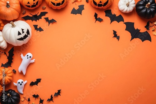 Pumpkins, bats, and leaves on an orange background. Halloween theme with free space in the center.