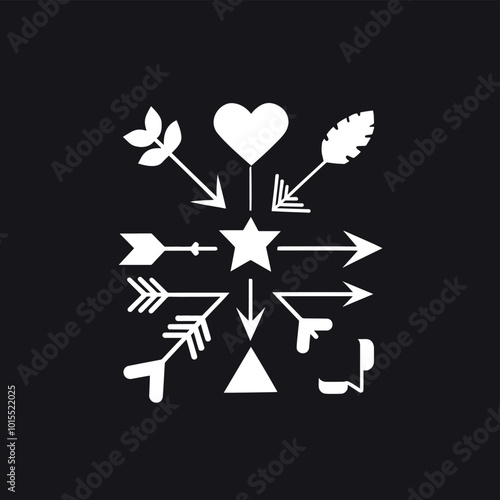 An abstract image featuring a heart, star, triangle, and various arrow designs on a black background.