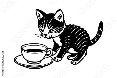 Cute Small Kitten drinks milk silhouette minimalistic vector art illustration photo