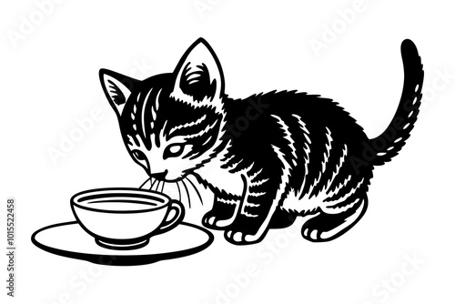 Cute Small Kitten drinks milk silhouette minimalistic vector art illustration photo