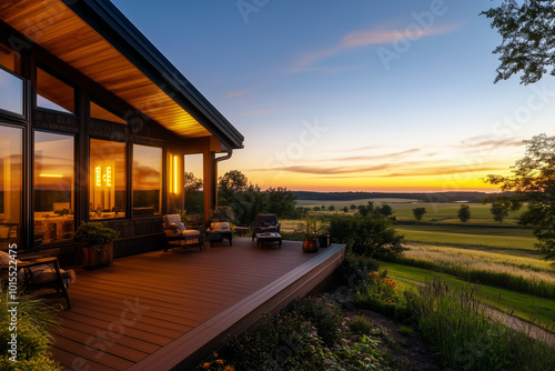 Modern Home Deck Overlooking Sunset Fields