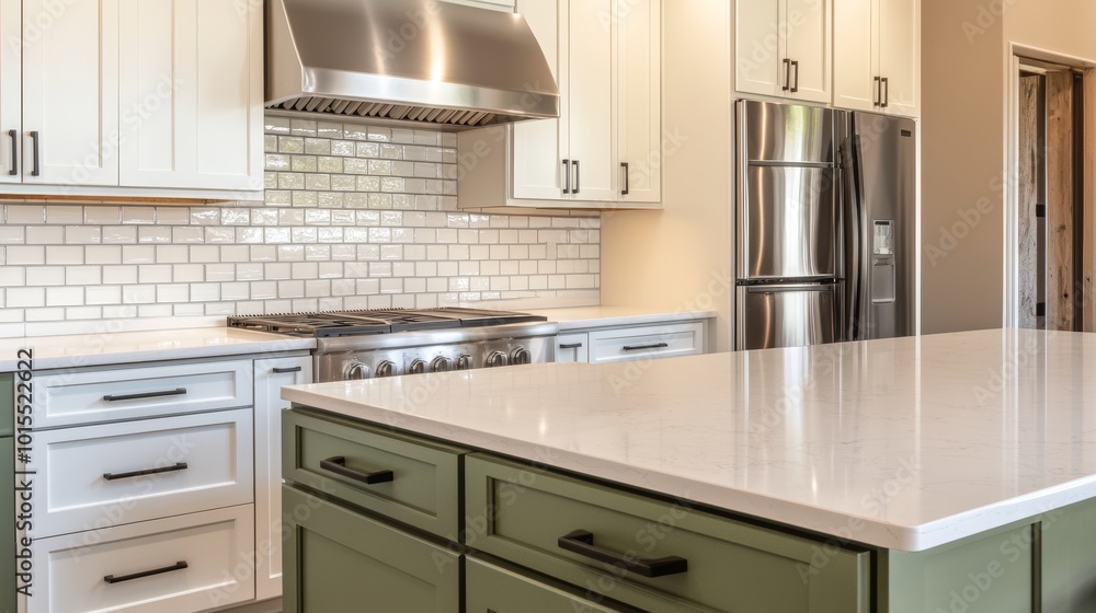 Fototapeta premium Welcoming kitchen design featuring white and sage green cabinetry a spacious island subway tile backsplash and sleek stainless steel appliances for modern living