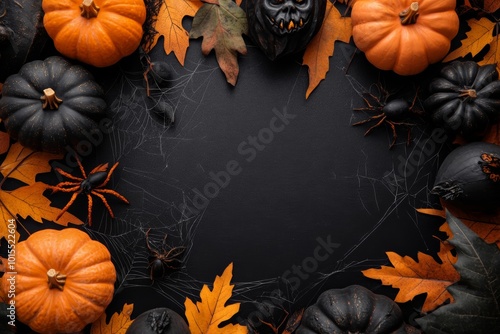 Halloween theme with gold leaves, pumpkin ,spider webs, and a black center space for text or design
