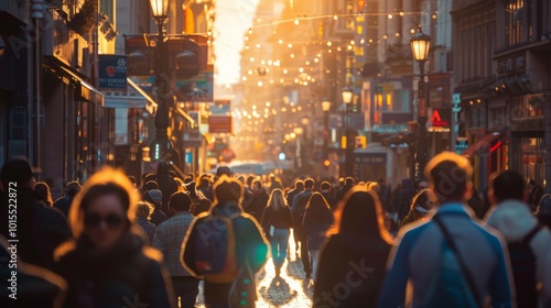 A crowd of people walks down a bustling city street at sunset, the warm light illuminating the scene. photo