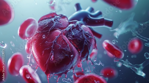 A 3D medical rendering of a human heart surrounded by floating red blood cells. The realistic details and dynamic arrangement create a vivid illustration of the cardiovascular system in action.