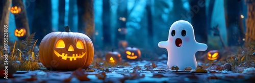 cute ghost stands by a carved pumpkin with Halloween decor on wooden table, forest blurred behind.