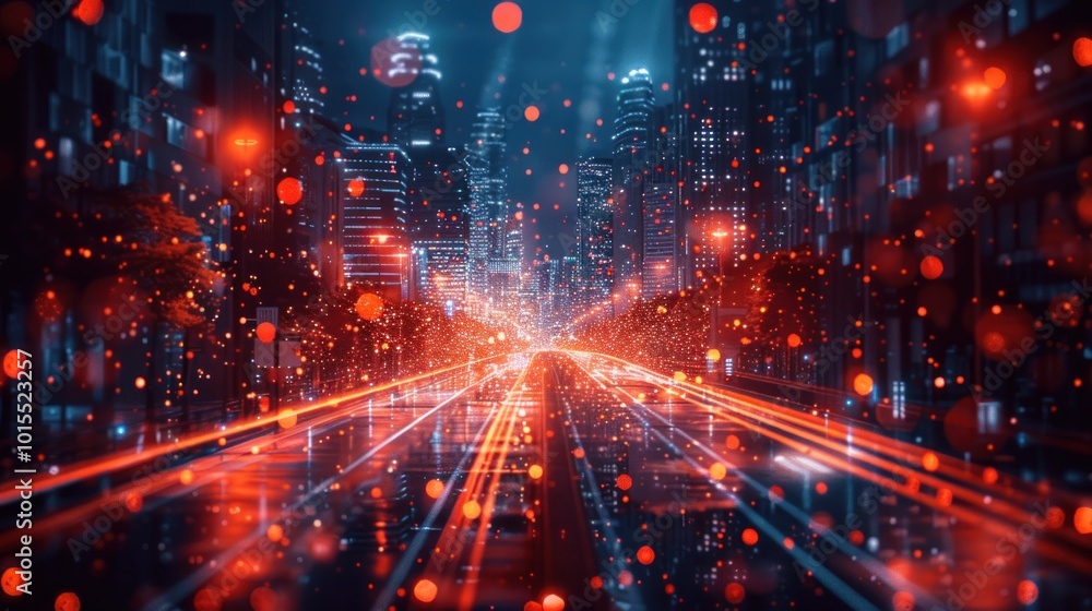 Cityscape with Red Lights and City Buildings Cityscape with Red Lights and City Buildings