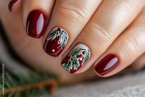 Woman Hand with Festive Holiday Nail Art Design