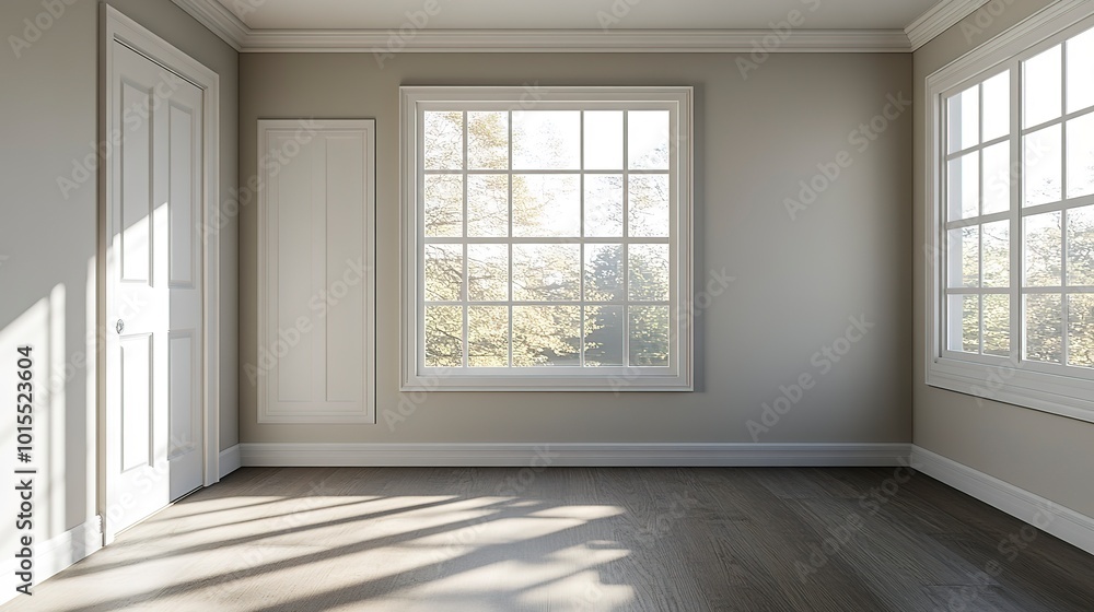 Spacious empty room with bright white door, two large windows allowing natural light, and neutral walls, creating a sense of calm and serenity. Spacious empty room with bright white door, two large windows allowing natural light, and neutral walls, creating a sense of calm and serenity.