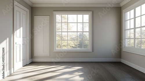 Spacious empty room with bright white door, two large windows allowing natural light, and neutral walls, creating a sense of calm and serenity. 