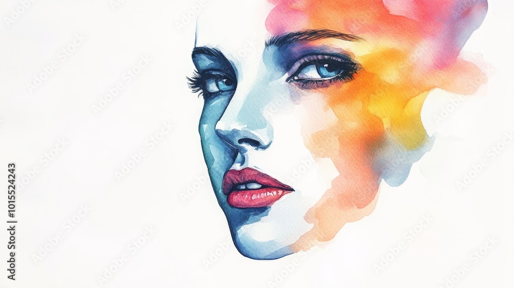 Emotional expression through abstract watercolor depiction of a woman's face blending color and form to convey beauty femininity and artistry in portraiture Emotional expression through abstract watercolor depiction of a woman's face blending color and form to convey beauty femininity and artistry in portraiture