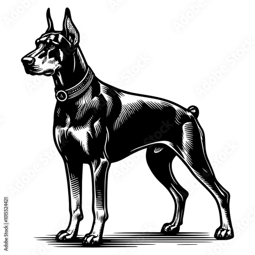 Detailed black and white illustration of a Dobermann dog. Vector, generative ai.