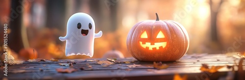cute ghost stands by a carved pumpkin with Halloween decor on wooden table, forest blurred behind.