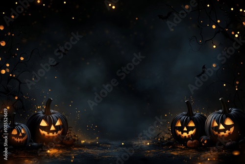 Spooky Halloween background featuring pumpkins, black ghosts, and dark space for text or design.