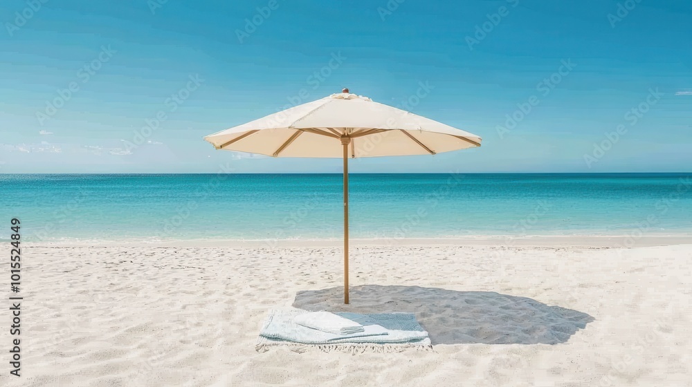 Beach umbrella and towel on the sand, relaxing vacation Beach umbrella and towel on the sand, relaxing vacation