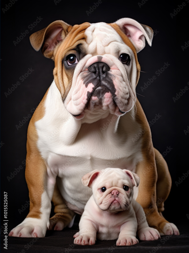 Adult bulldog and cute puppy sitting on black background Adult bulldog and cute puppy sitting on black background