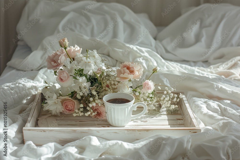 Cozy morning: coffee and flowers on a bed for a serene start to the day Cozy morning: coffee and flowers on a bed for a serene start to the day