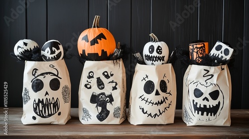 Homemade Halloween treat bags with hand-drawn spooky designs, perfect for a family-friendly DIY project Halloween family DIY 