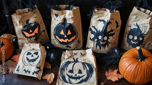 Homemade Halloween treat bags with hand-drawn spooky designs, perfect for a family-friendly DIY project Halloween family DIY  