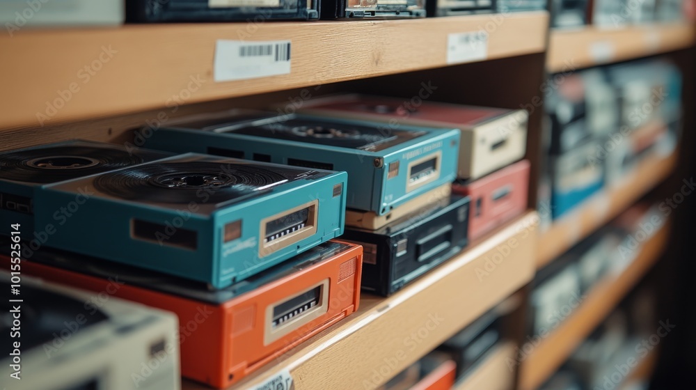 Open cassette tape cases fill a rustic wooden shelf, softly illuminated by sunlight. Dust particles float through the warm ambiance, evoking memories of an old music shop Open cassette tape cases fill a rustic wooden shelf, softly illuminated by sunlight. Dust particles float through the warm ambiance, evoking memories of an old music shop