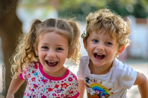 Two happy little sisters laughing and having fun together on sunny summer day