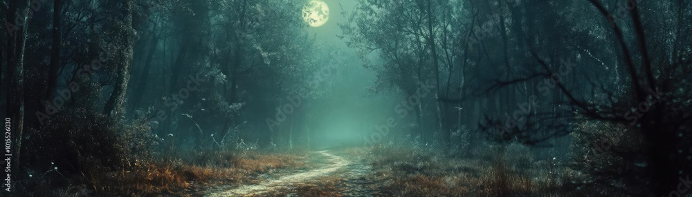 Fototapeta premium A tranquil forest scene under a luminous moon, showcasing a winding path through dense trees and soft, glowing light.