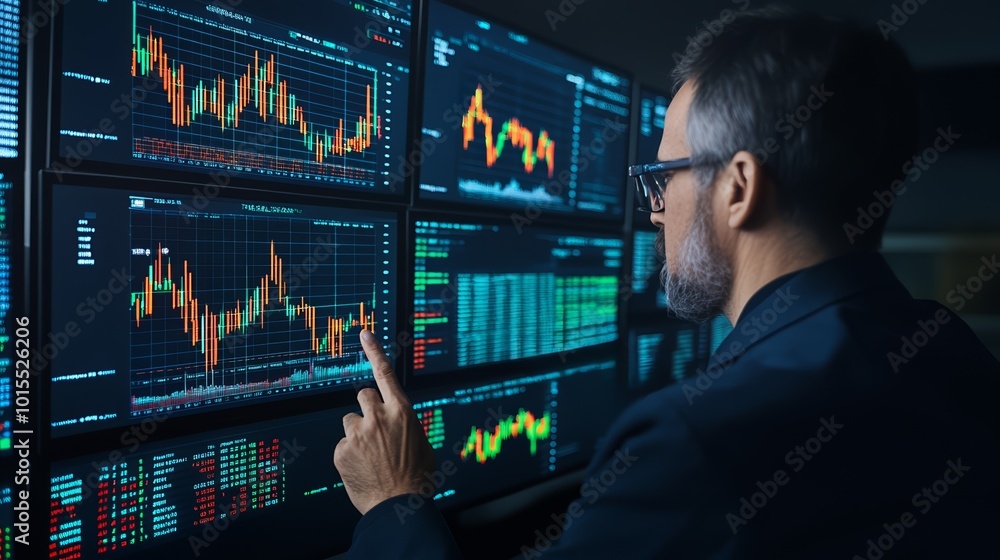 Businessman analyzing cryptocurrency data on multiple screens in an office environment. Businessman analyzing cryptocurrency data on multiple screens in an office environment.