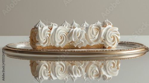 Elegant meringue roll dessert with creamy swirls, on reflective silver platter, showcasing artistic confection, gourmet presentation, dessert indulgence concept photo