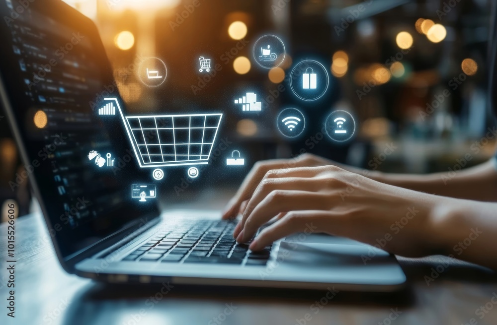 person shops online on their laptop, with shopping icons floating above, focusing on the keyboard. person shops online on their laptop, with shopping icons floating above, focusing on the keyboard.