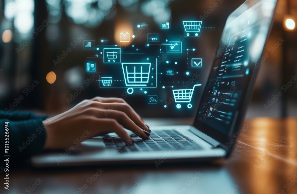 person shops online on their laptop, with shopping icons floating above, focusing on the keyboard. person shops online on their laptop, with shopping icons floating above, focusing on the keyboard.