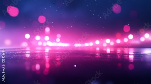 Intricate patterns of bright neon lights streak through the dark night, reflecting off a wet road, creating dynamic energy in a quiet setting under the stars
