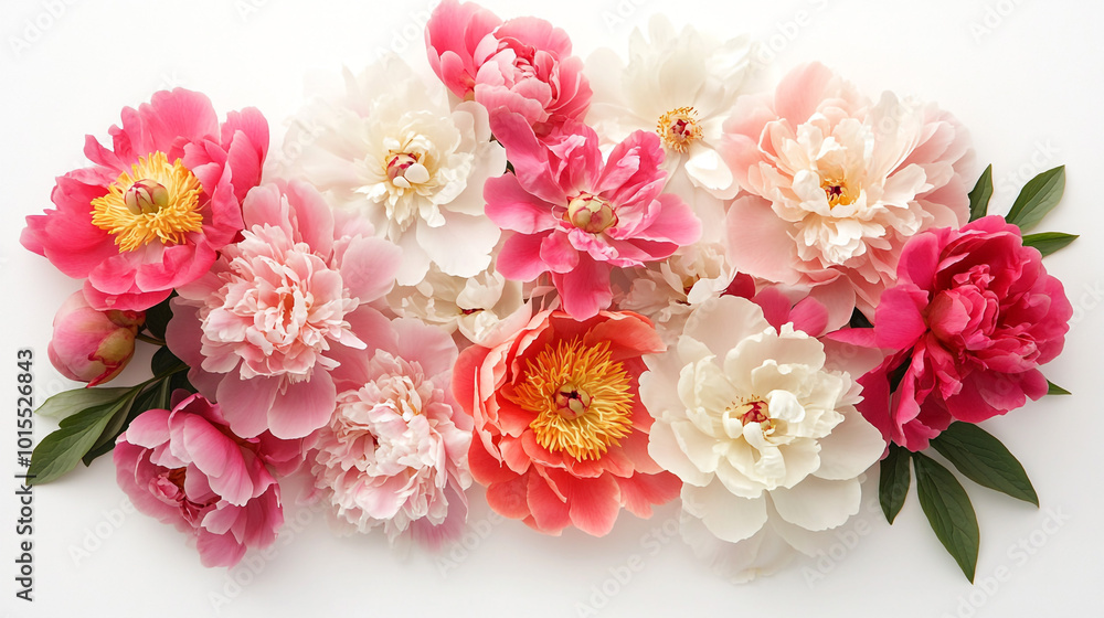 Beautiful blooming peony flowers on white background. A stunning floral arrangement showcasing vibrant pink and white peonies. The image captures their delicate beauty and lush petals Beautiful blooming peony flowers on white background. A stunning floral arrangement showcasing vibrant pink and white peonies. The image captures their delicate beauty and lush petals