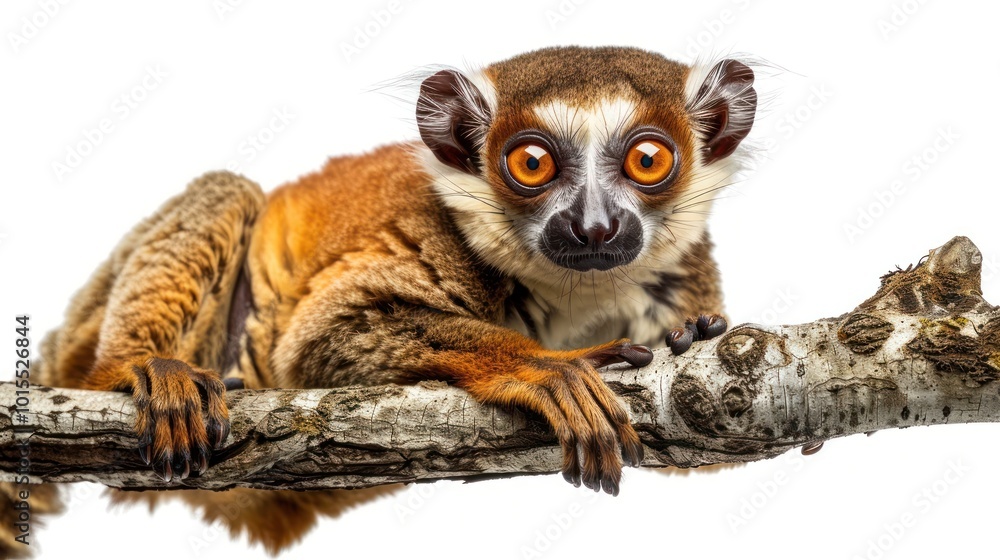 Obraz premium Lemur Loris with Intense Orange Eyes Holding onto Branch in Isolation Wildlife Photography Concept
