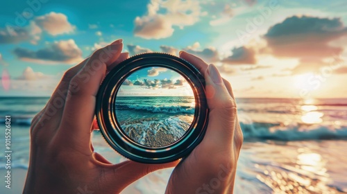 Wallpaper Mural Hands holding camera lens capturing scenic ocean sunset focusing on waves, beach, horizon, photography clarity concept Torontodigital.ca