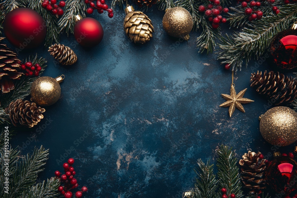 Festive Christmas frame with pinecones, red and gold ornaments, and open space in the center for text. Festive Christmas frame with pinecones, red and gold ornaments, and open space in the center for text.