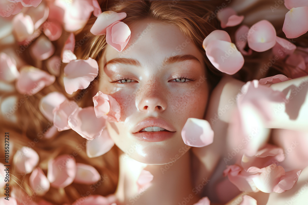 beautiful fashion model studio facial head shot laying down on the flowers with rose pedals on her natural look light make up beautiful fashion model studio facial head shot laying down on the flowers with rose pedals on her natural look light make up