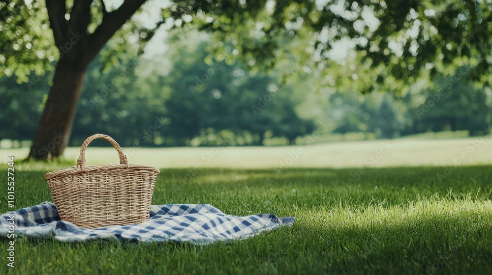 Naklejka premium Summer picnic at the park with basket and blanket