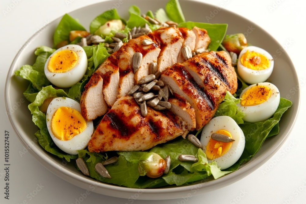 Realistic depiction of a high-protein salad with grilled chicken, boiled eggs, and sunflower seeds, showcasing a nutrient-packed meal Realistic depiction of a high-protein salad with grilled chicken, boiled eggs, and sunflower seeds, showcasing a nutrient-packed meal