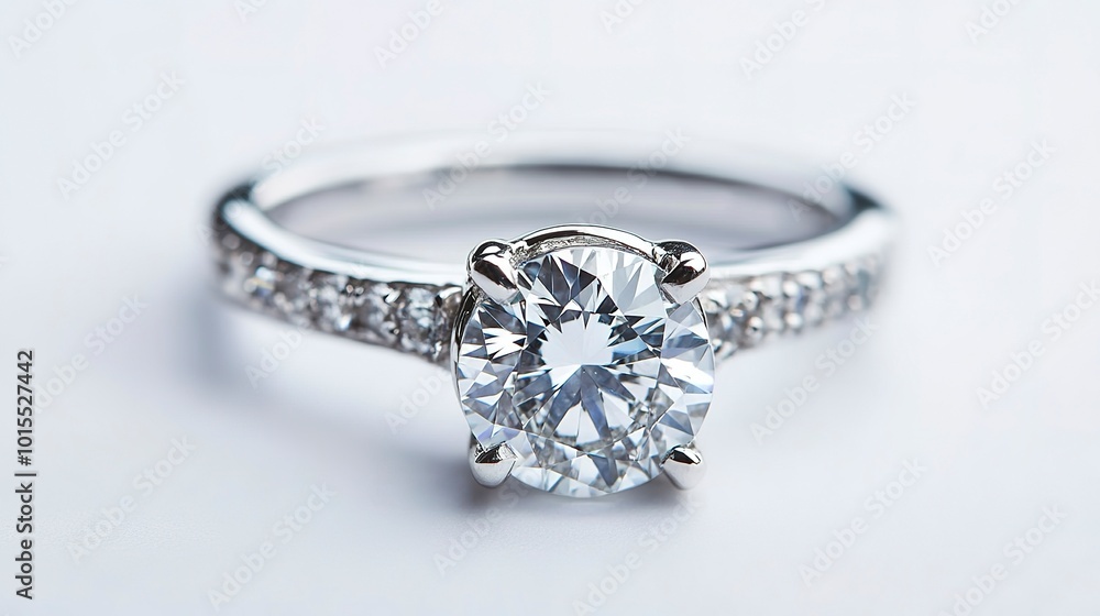 Close-up of a diamond engagement ring on a white background, capturing the fine details of the setting and the sparkling gem. Close-up of a diamond engagement ring on a white background, capturing the fine details of the setting and the sparkling gem.